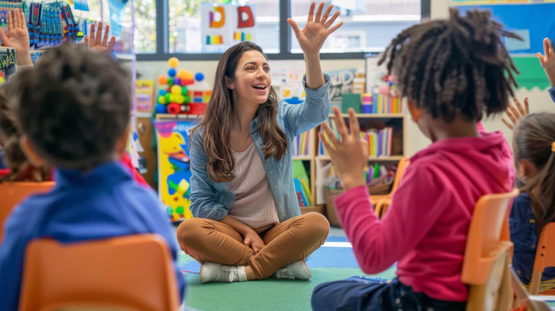 A Peyton’s Learning Place teacher smiling with her students